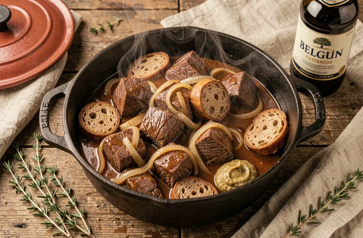 Carbonade flamande grand-mère mijotée dans une cocotte en fonte avec pain d'épices et moutarde ancienne sur table en bois rustique