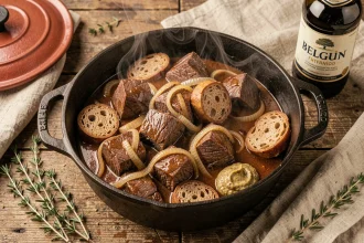 Carbonade flamande grand-mère mijotée dans une cocotte en fonte avec pain d'épices et moutarde ancienne sur table en bois rustique
