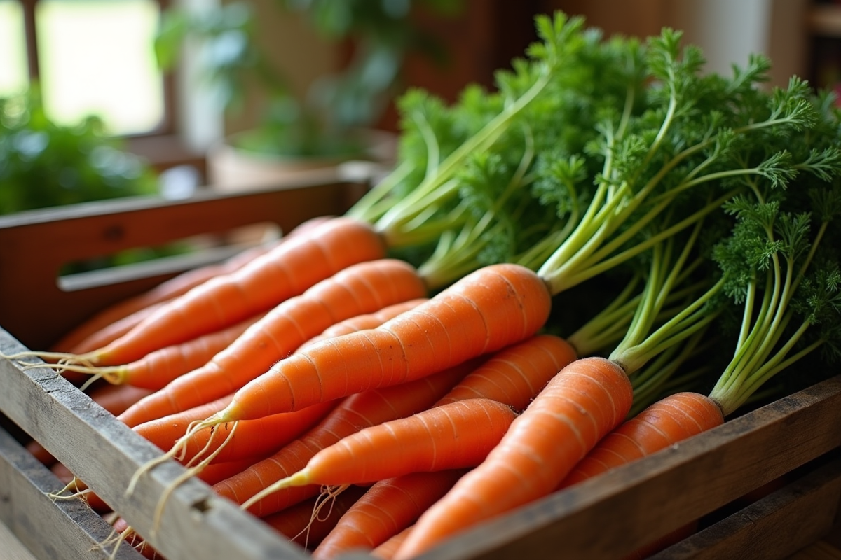 Carottes fraîches récoltées dans une caisse en bois rustique