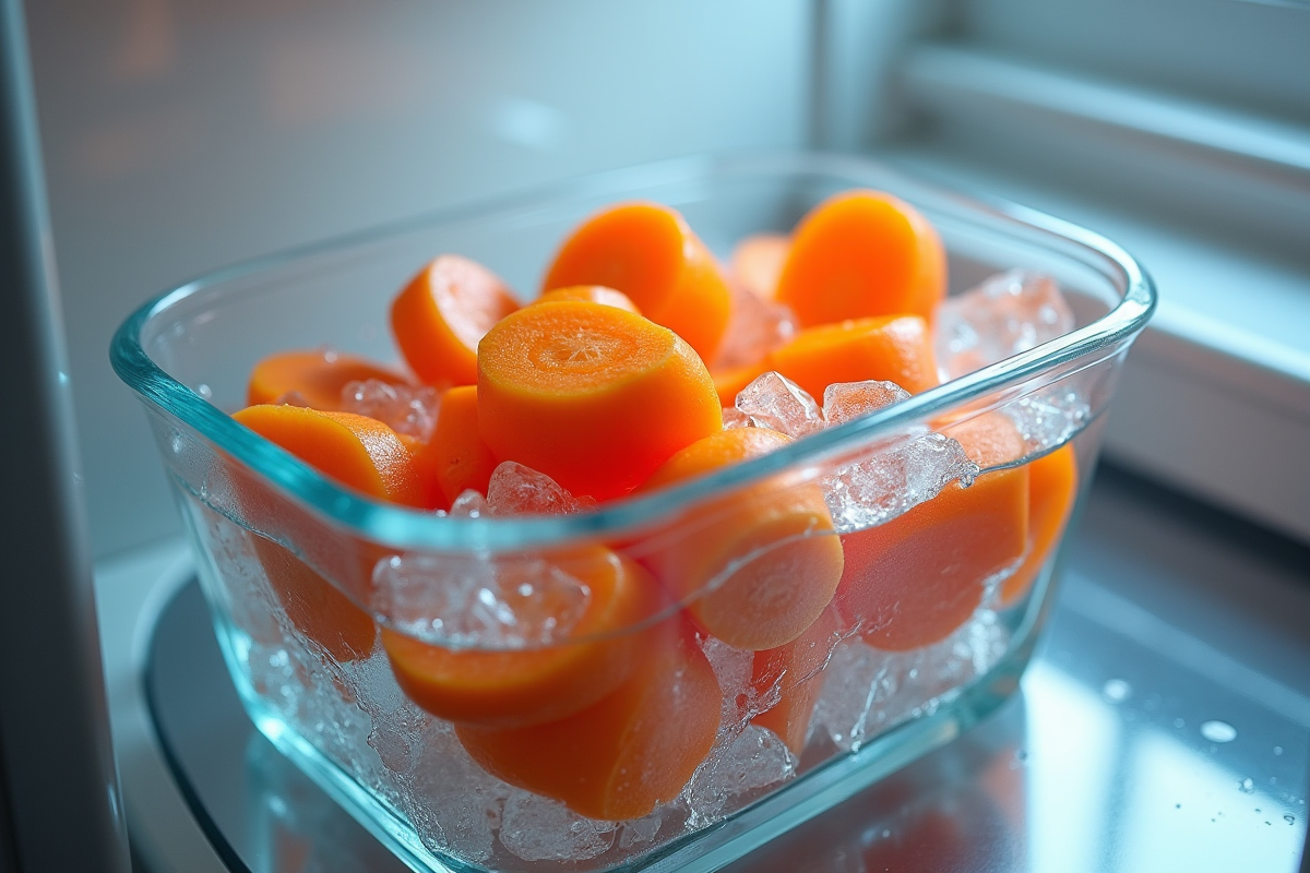 Carottes tranchées dans un récipient en verre avec glaçons