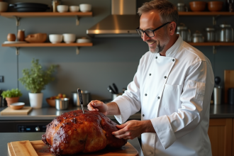 Chef en blanc vérifiant la température d'une viande