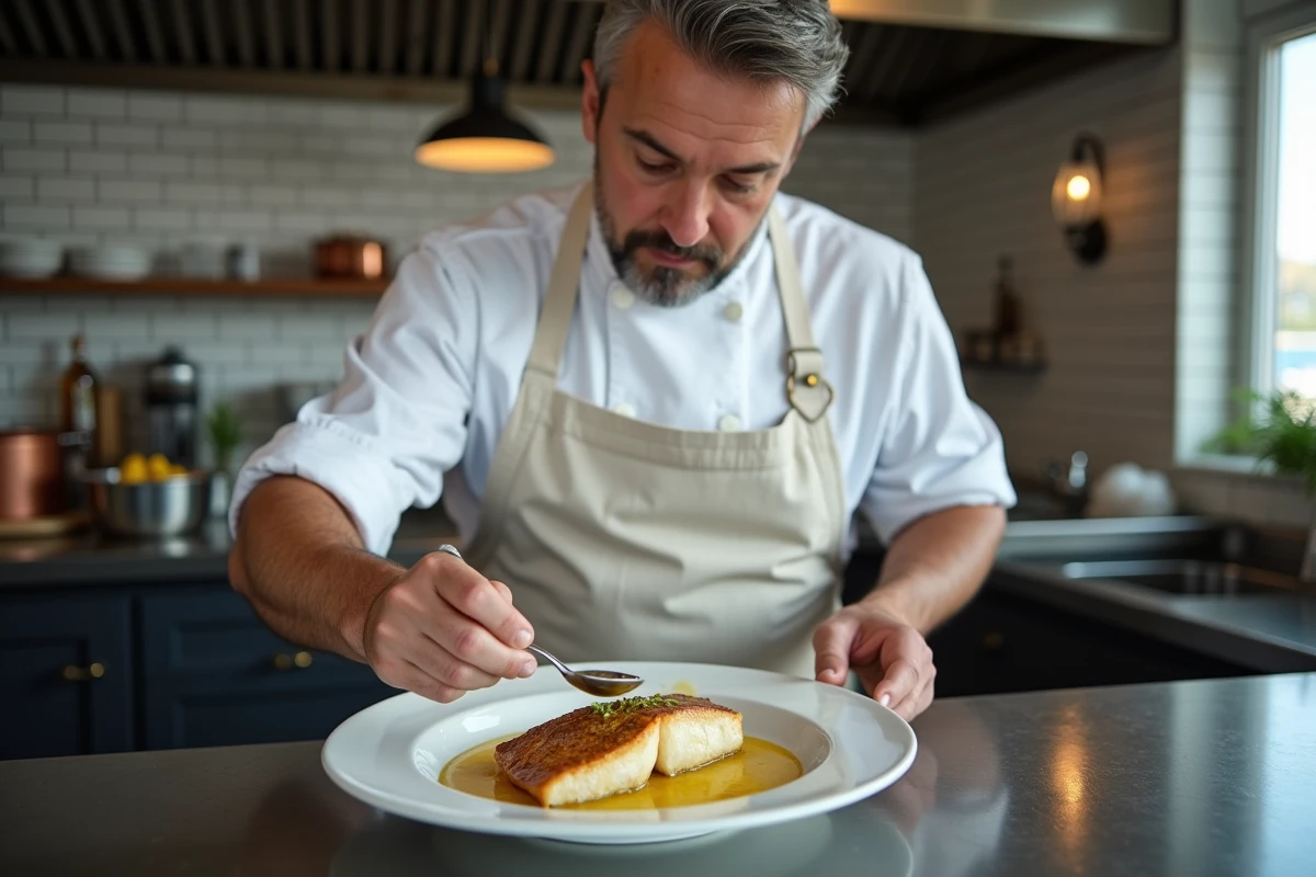 Chef cuisinant un filet de julienne à la poêle dans une cuisine de bistrot côtier, dressage du plat avec beurre noisette