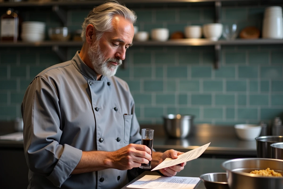 Chef cuisinier mesurant un liquide dans un cylindre gradué en cuisine professionnelle pour convertir des grammes en centilitres