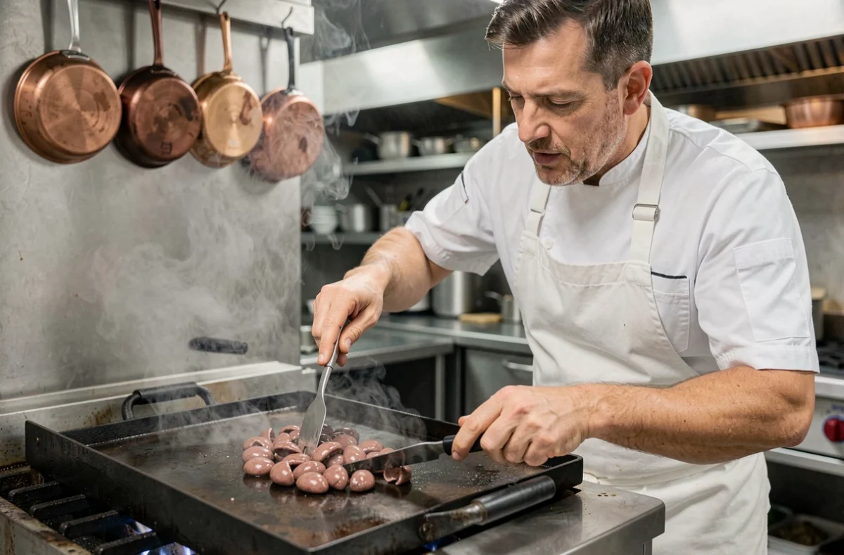 Chef cuisinier en tablier blanc faisant cuire des rognons de veau à la plancha dans une cuisine professionnelle