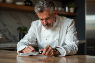 Chef en veste blanche contemplant un couteau de luxe