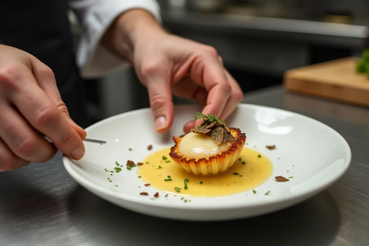 Chef dressant une coquille Saint-Jacques au four avec sauce beurre blanc et truffe dans une cuisine professionnelle