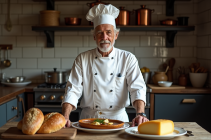 Chef français âgé en cuisine rustique avec plats traditionnels