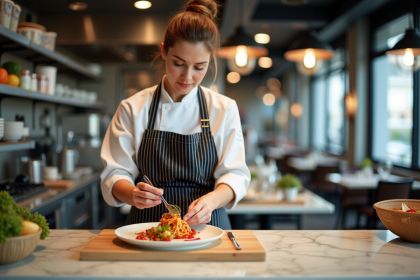 Jeune femme chef en cuisine moderne préparant un plat coloré