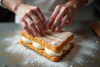 Chef pâtissier assemble un millefeuille délicat