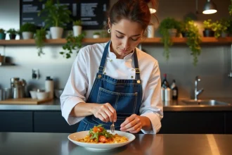Chef en cuisine moderne dressant un plat coloré