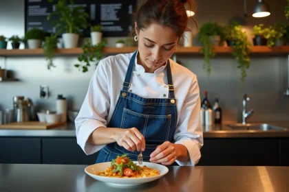Chef en cuisine moderne dressant un plat coloré