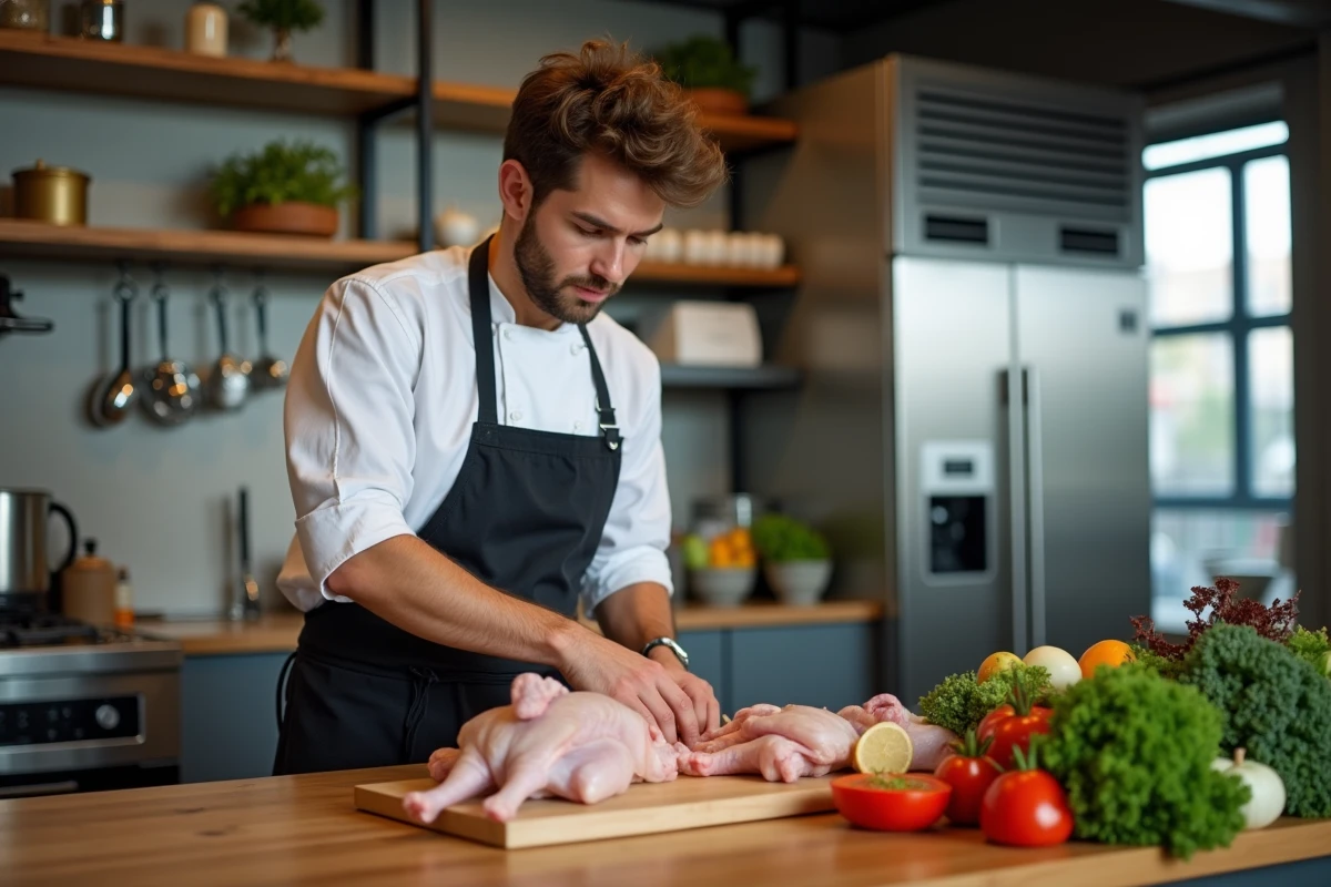 Jeune chef préparant du poulet dans une cuisine moderne