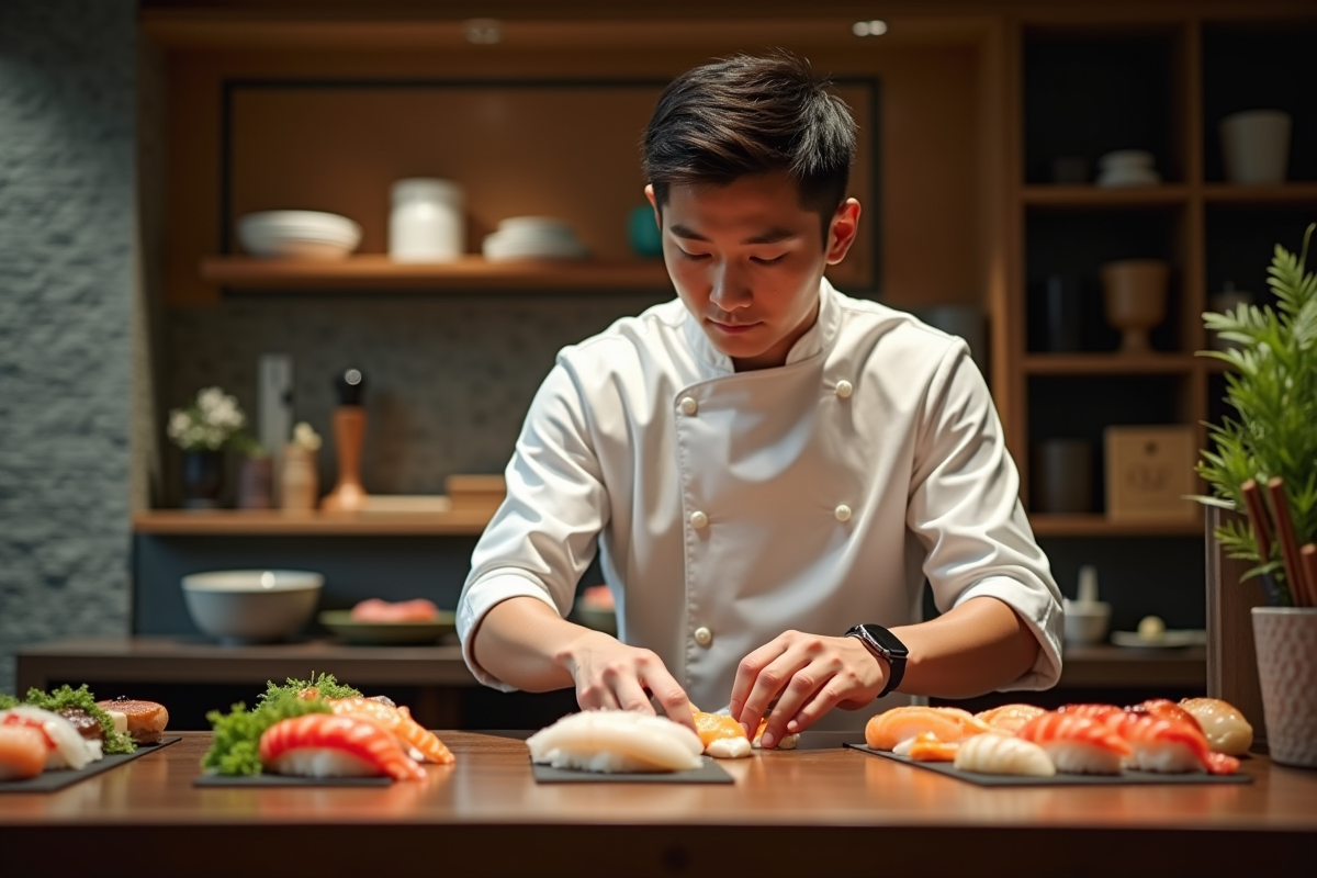 Chef préparant des sushis dans un restaurant tokyoïte