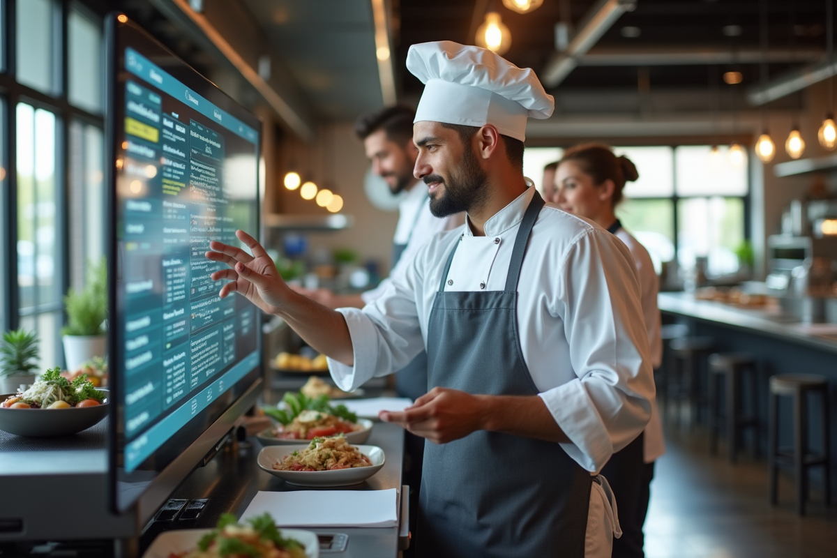 Chef utilisant un écran tactile dans une cuisine moderne et lumineuse