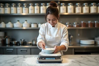 Cheffe pâtissière professionnelle mesurant des ingrédients sur une balance numérique dans une cuisine de boulangerie
