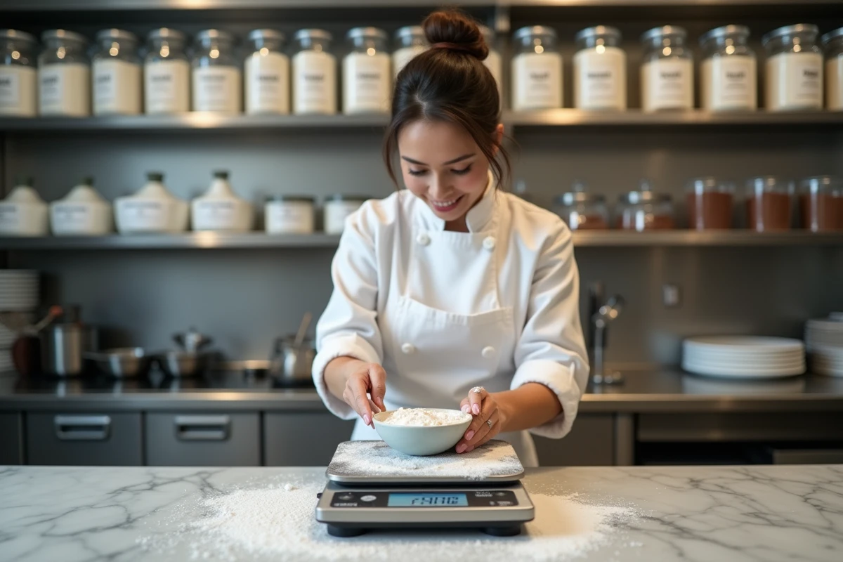 Cheffe pâtissière professionnelle mesurant des ingrédients sur une balance numérique dans une cuisine de boulangerie