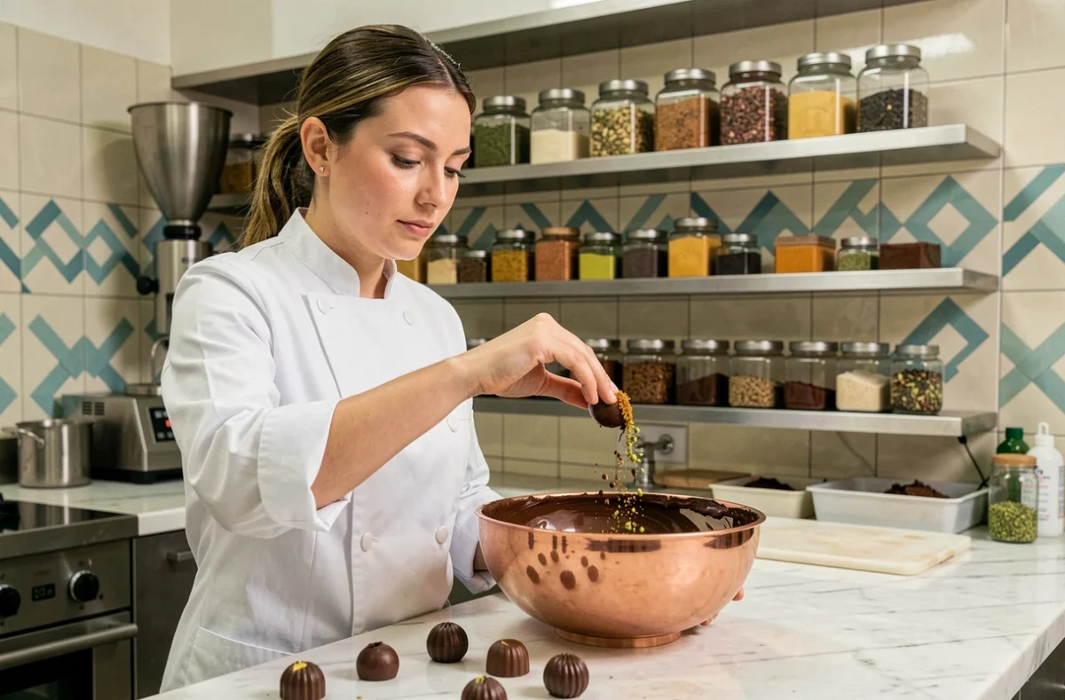 Chocolatière en train de préparer des bonbons au chocolat avec des épices orientales dans un atelier de Dubaï
