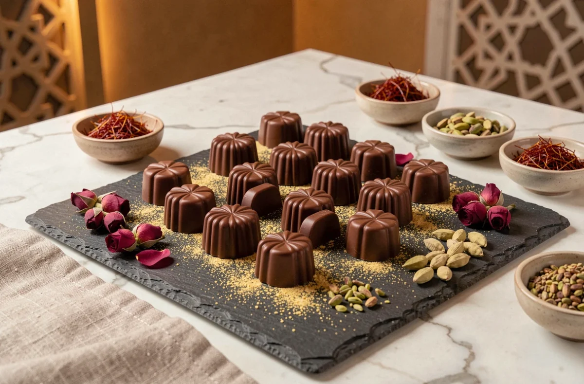 Assortiment de chocolats artisanaux aux saveurs orientales sur ardoise avec épices et pétales de rose, dans une chocolaterie de Dubaï
