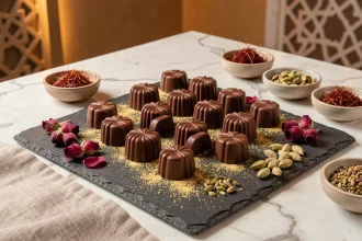 Assortiment de chocolats artisanaux aux saveurs orientales sur ardoise avec épices et pétales de rose, dans une chocolaterie de Dubaï