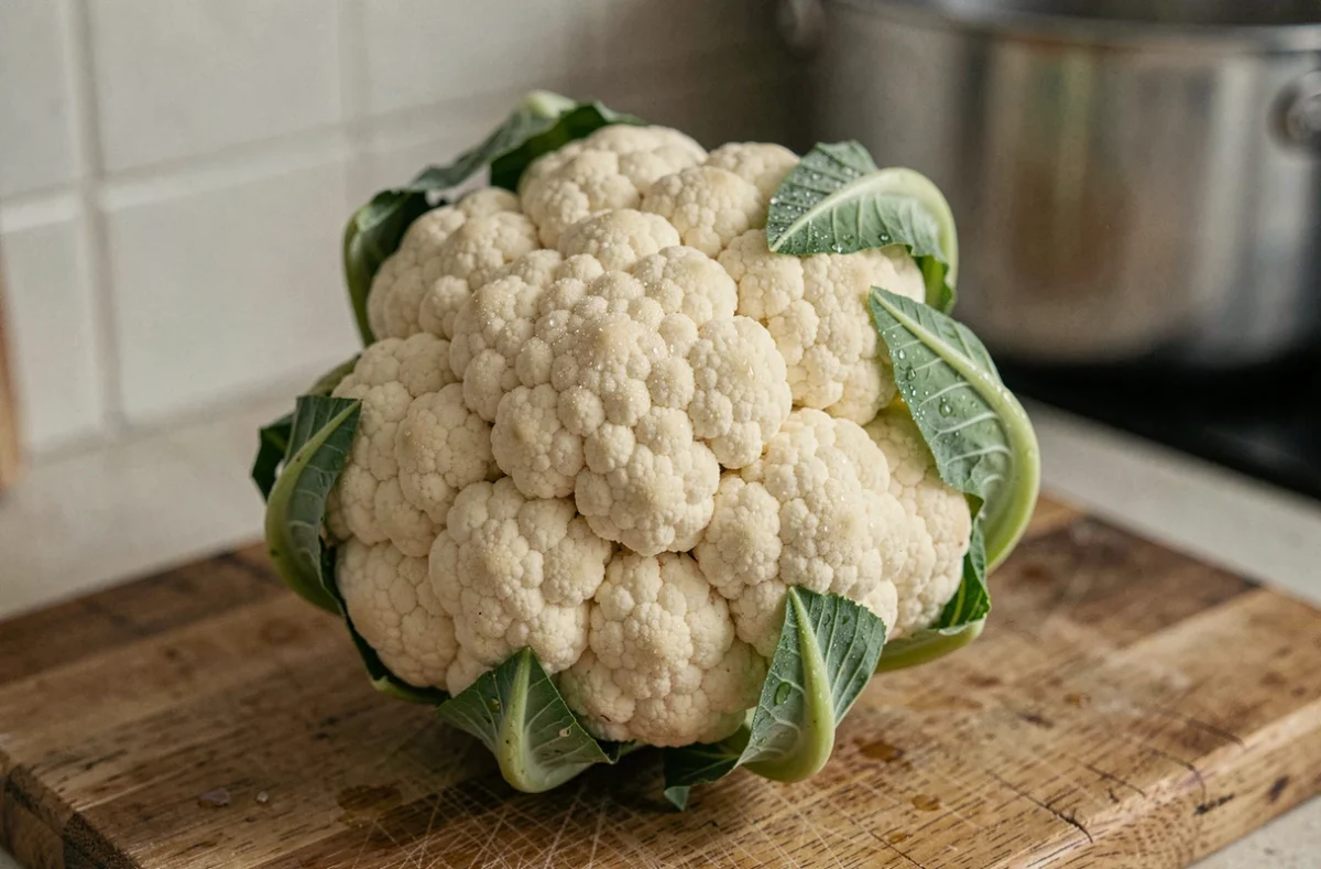 Chou-fleur frais entier posé sur une planche en bois dans une cuisine maison, prêt à être cuisiné