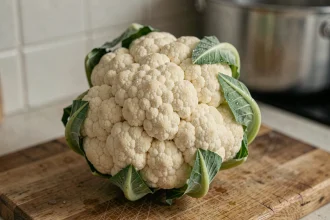 Chou-fleur frais entier posé sur une planche en bois dans une cuisine maison, prêt à être cuisiné