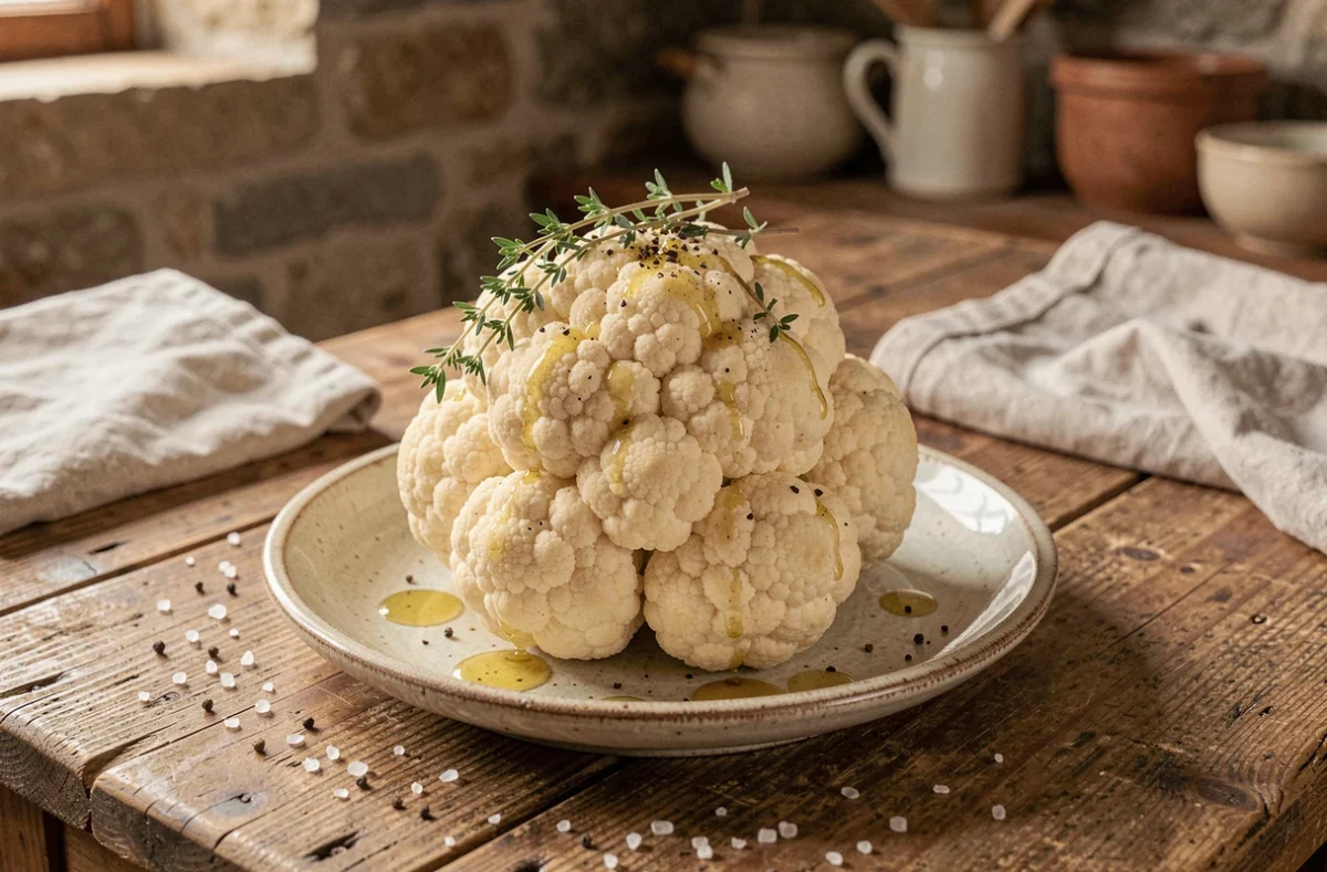 Chou-fleur entier cuit à la vapeur sur une assiette en céramique rustique, assaisonné d'huile d'olive, de fleur de sel et de thym frais