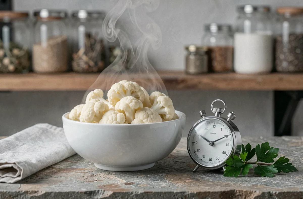 Bol de fleurettes de chou-fleur cuites à la vapeur avec un minuteur de cuisine posé à côté sur un plan de travail en pierre