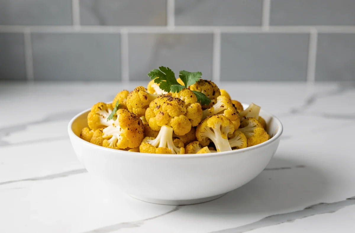 Fleurettes de chou-fleur vapeur assaisonnées au curcuma et cumin dans un bol blanc sur marbre, garnies de coriandre fraîche