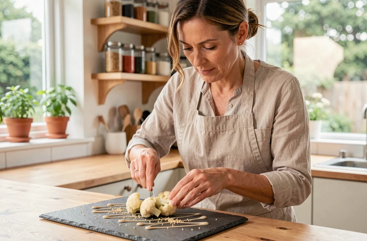 Femme en tablier de lin dressant un chou-fleur vapeur sur une planche en ardoise avec sauce tahini et graines de sésame