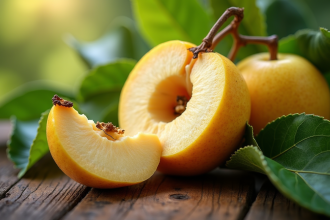 Coing frais tranché sur une table en bois rustique