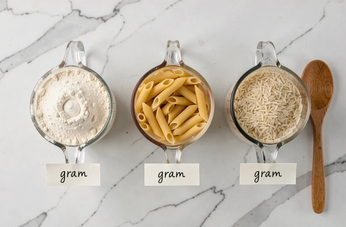 Vue de dessus de trois tasses en verre contenant de la farine, des pâtes et du riz avec des étiquettes indiquant leur équivalent en grammes sur marbre blanc