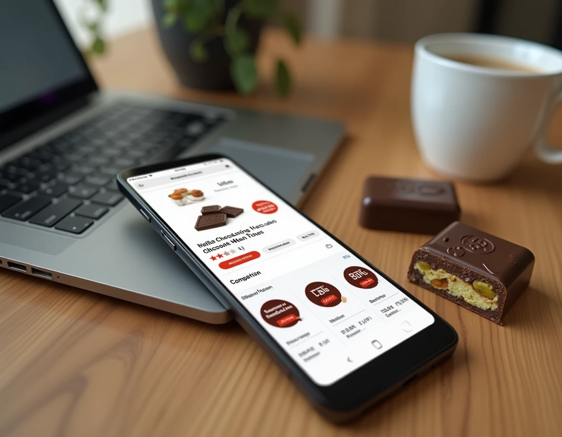 Vue aérienne d'un smartphone affichant les prix du chocolat Dubaï en ligne avec un comparatif de promotions sur ordinateur portable