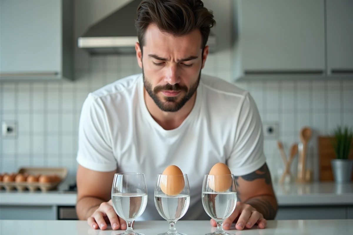 Comparaison du test de fraîcheur des œufs dans trois verres d'eau avec différents résultats