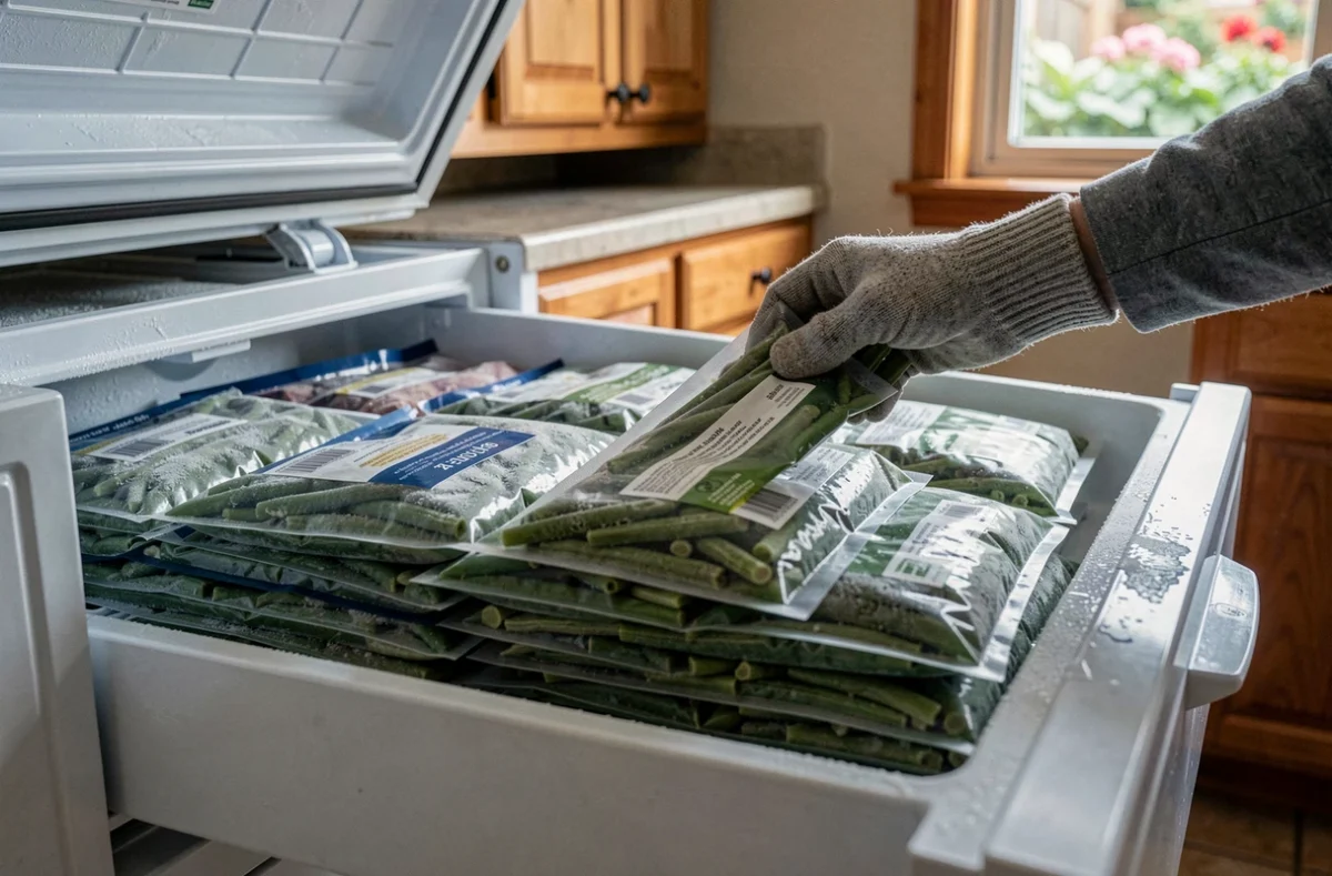 Tiroir de congélateur ouvert contenant des portions de haricots verts congelés sous vide soigneusement étiquetés et organisés, avec givre visible sur les parois