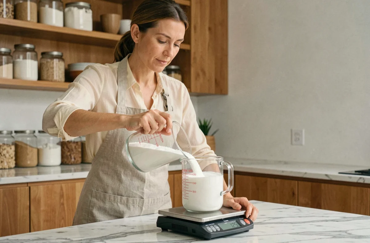 Femme versant 125g de sucre dans une balance de cuisine en marbre, guide pratique de conversion cuisine