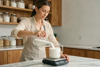 Femme versant 125g de sucre dans une balance de cuisine en marbre, guide pratique de conversion cuisine