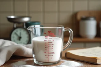 Verre doseur avec 40cl de sucre en poudre sur un plan de travail en bois avec balance de cuisine et carnet de recettes