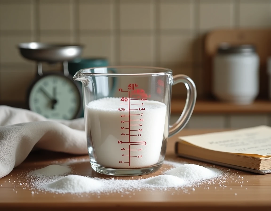 Verre doseur avec 40cl de sucre en poudre sur un plan de travail en bois avec balance de cuisine et carnet de recettes
