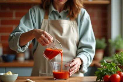 Femme versant une sauce tomate maison dans un verre doseur gradué sur un comptoir en bois, cuisine rustique en arrière-plan