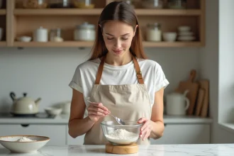 Femme mesurant de la farine sur une balance de cuisine en bois, illustrant la conversion grammes en centilitres pour les ingrédients secs