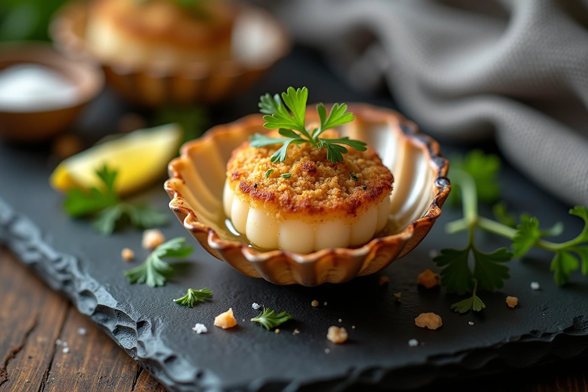 Coquille Saint-Jacques au four gratinée avec chapelure dorée et herbes fraîches sur ardoise rustique