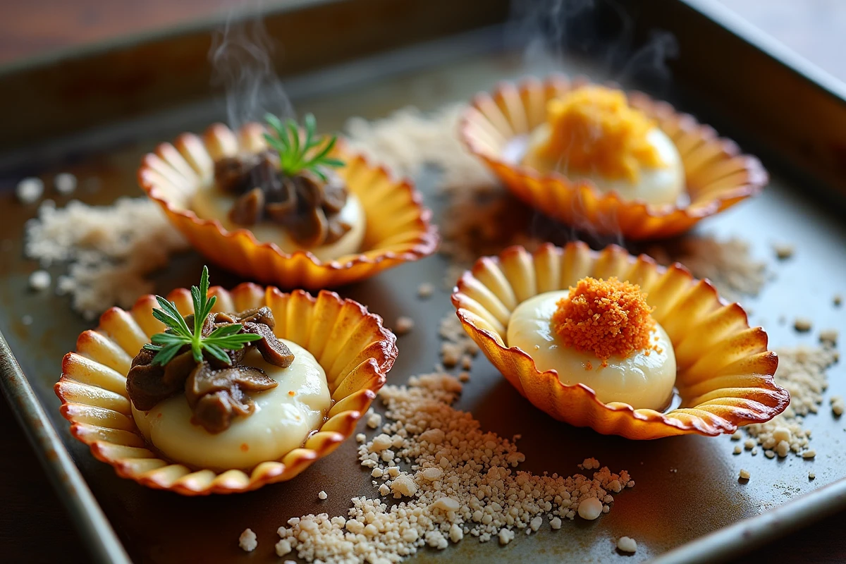 Quatre coquilles Saint-Jacques au four avec différentes garnitures sur plaque à sel de mer