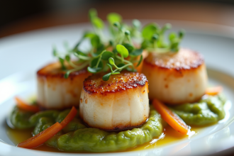 Coquilles seichees élégamment présentées avec purée de légumes
