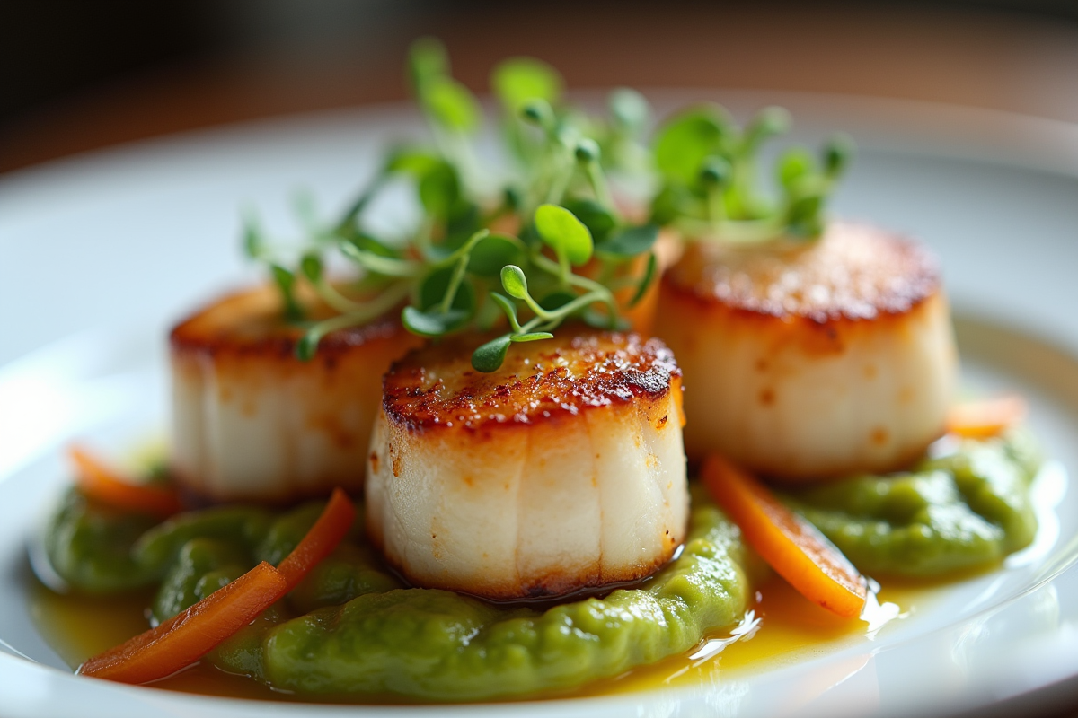 Coquilles seichees élégamment présentées avec purée de légumes