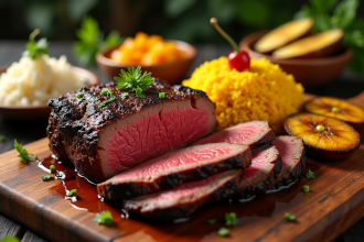 Côte de boeuf tranchée servie sur une planche en bois avec salsa mangue