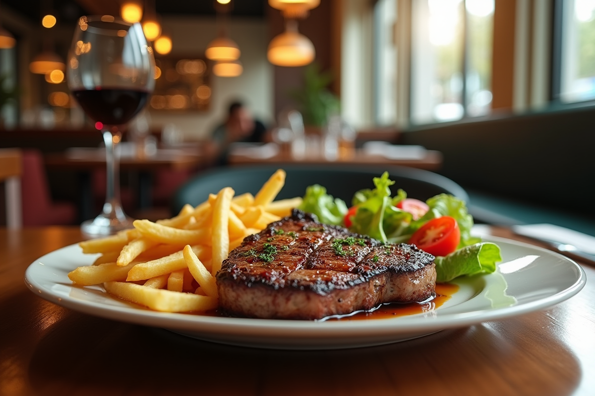Plat de steak grille accompagne de frites et salade fraîche