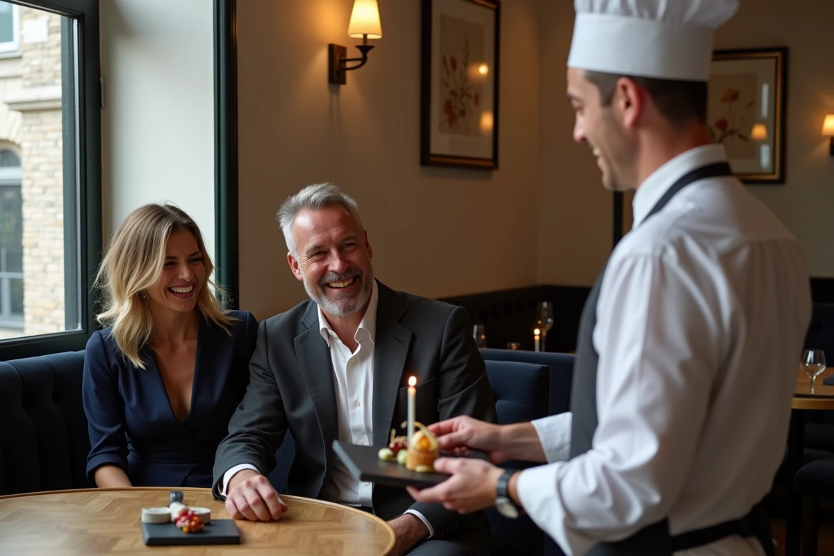 Couple fêtant un anniversaire dans un restaurant gastronomique de Lille avec présentation d'un dessert par le chef