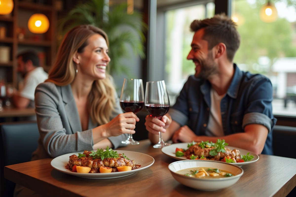 Couple souriant trinant avec vin dans un restaurant convivial