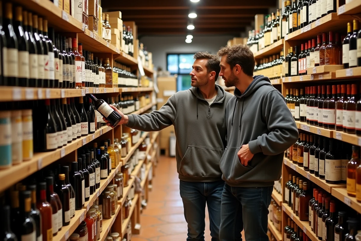 Couple faisant leurs emplettes dans les rayons de vins et produits régionaux d'une venta de Dantxaria