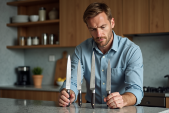 Homme d'âge moyen examinant des couteaux de cuisine
